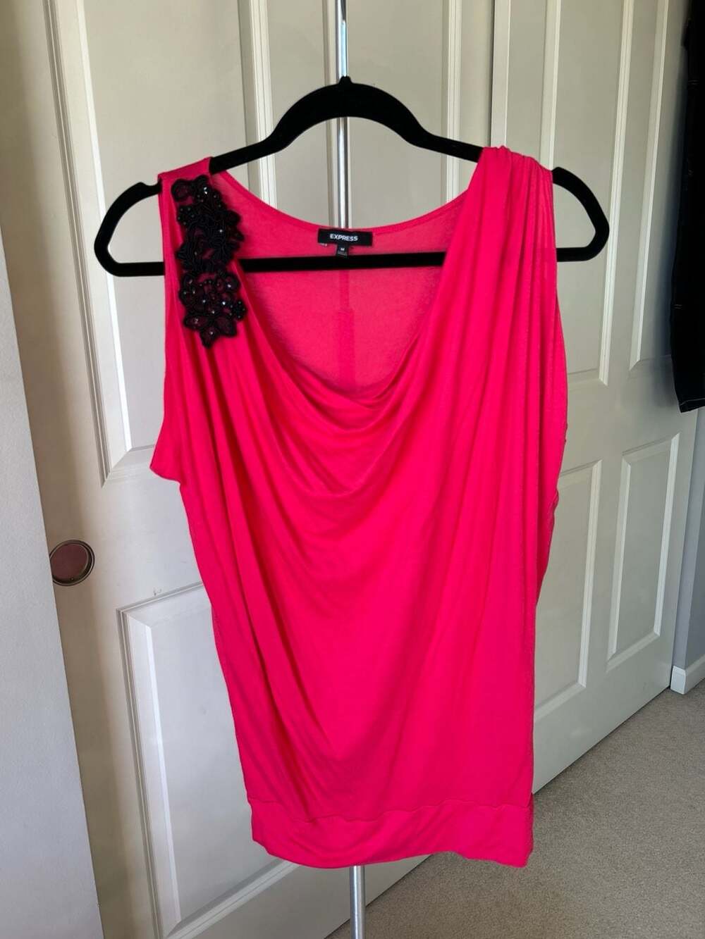Express Pink Cowl Neck Sleeveless Top with Beaded Lace Shoulder Detail Size M